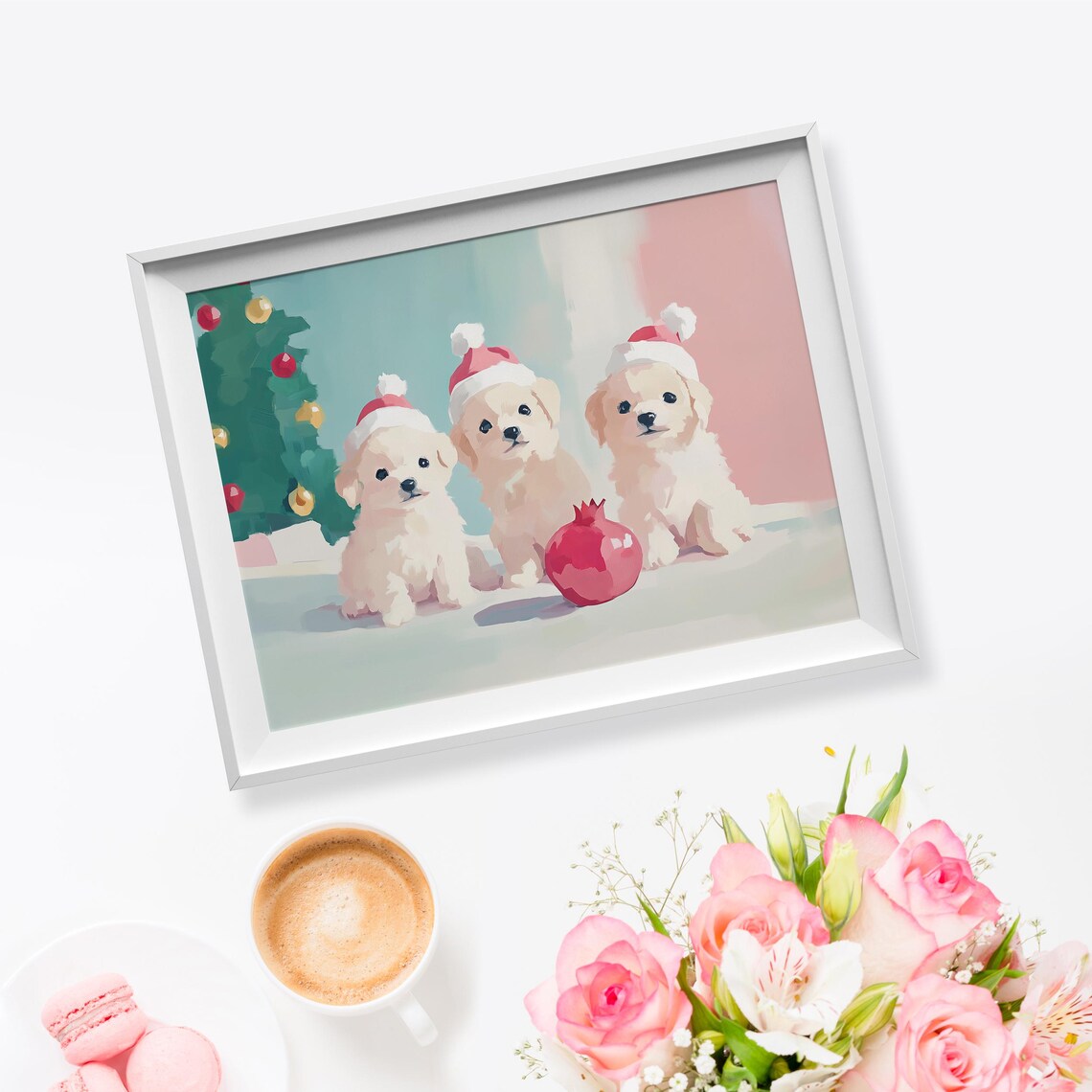Three White Puppies Pink Santa Hats Christmas Tree Holiday Wall Art - Image 5