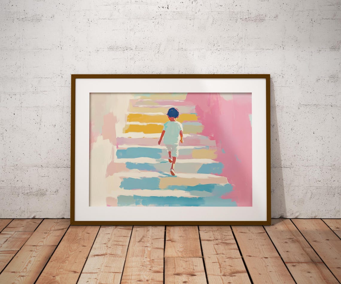 Adorable Child Ascending Stairs Painting Cute Child Painting Dreamy Watercolor Heartwarming Decor Joyful Art Print Child On Stairs Art - Image 2