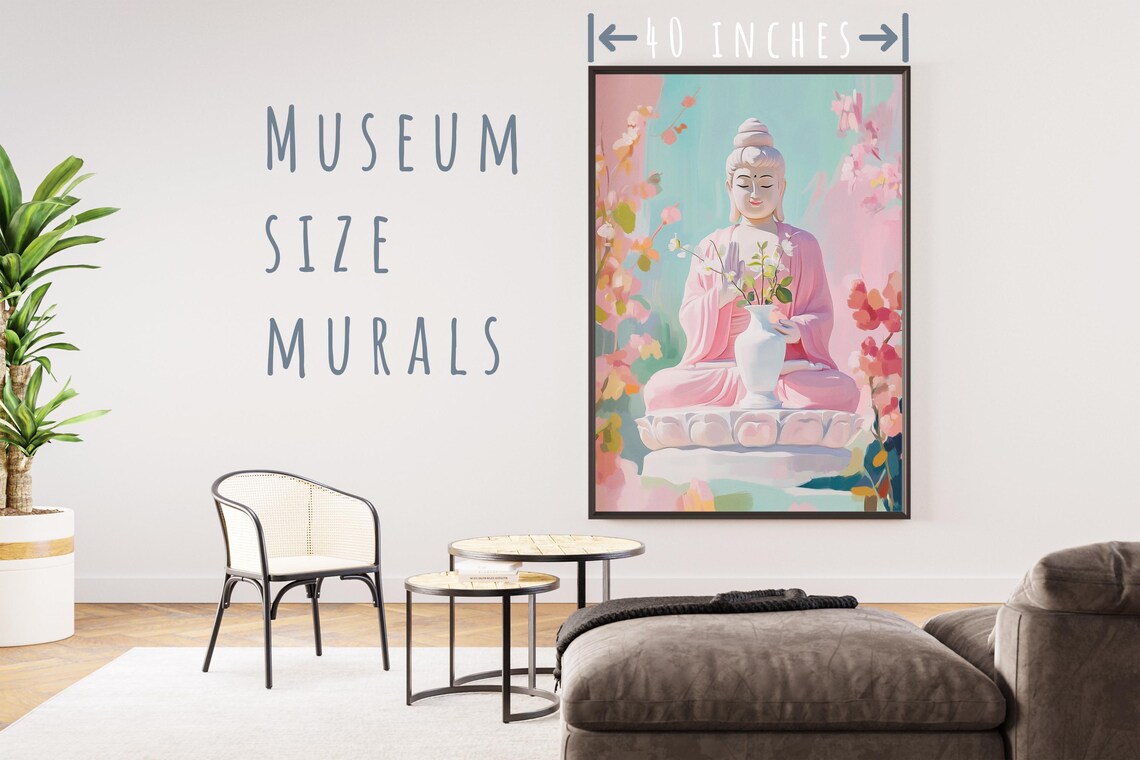 Serene Guanyin Buddha Statue With White Vase Pastel Zen Painting Wall Art - Image 5