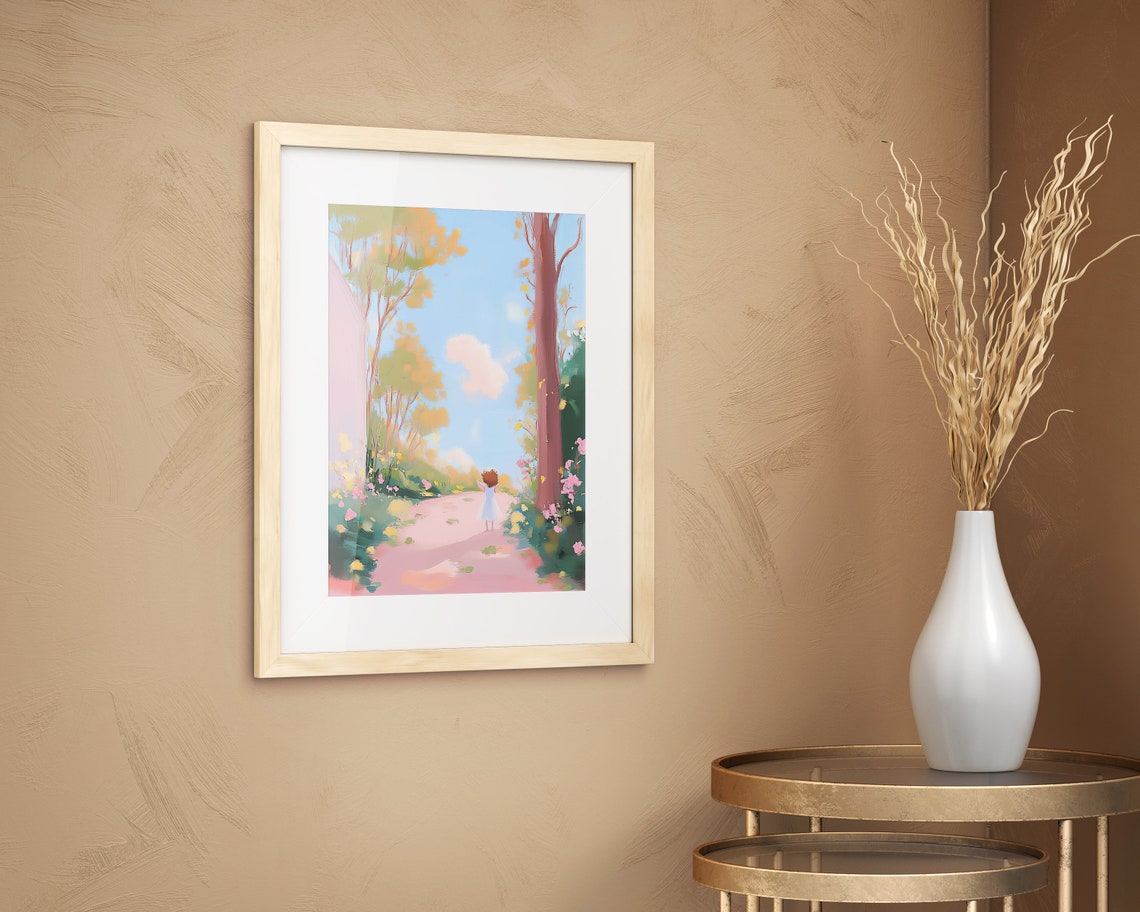 Pastel Solitary Stroll Playful Illustration Garden Artwork Children Playing Art Country Child Art Children Playing Art Artwork Of Girl - Image 2