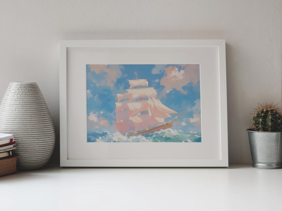 Tall Sailing Ship Full Pink Sails Turquoise Ocean Waves Art Poster - Image 4