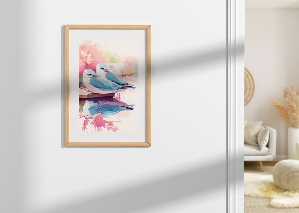 Two Bluebirds Cuddling on Dock Water Reflection Bird Art Poster - Image 2