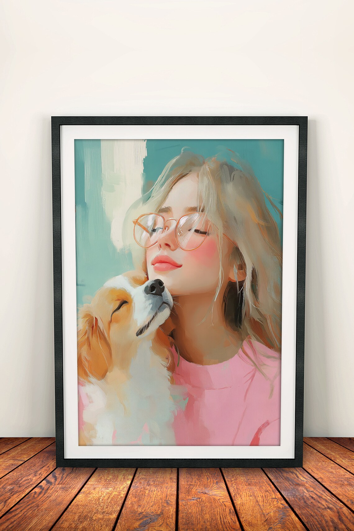 Smiling Woman Hugging Her Dog Sweet Pastel Pet Portrait Art Poster - Image 2