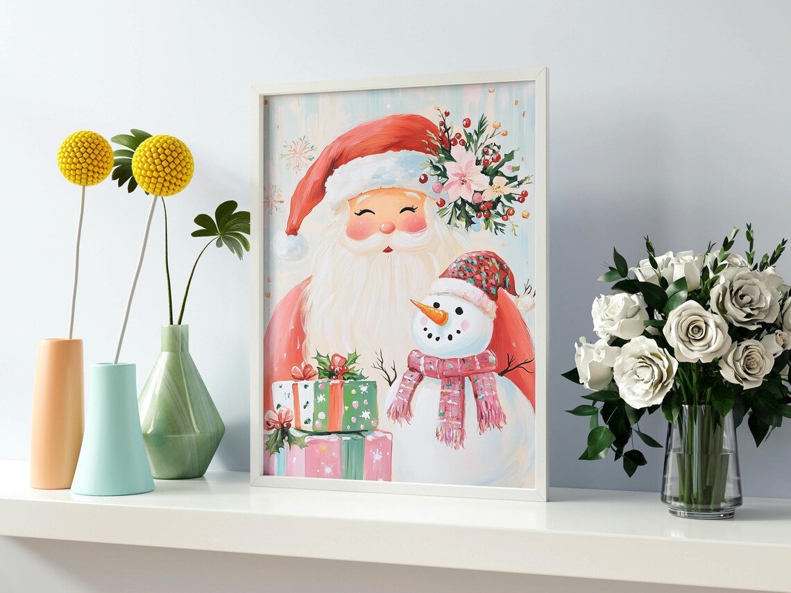 Smiling Santa Claus Snowman Pink Scarf Gifts Christmas Art Print - Image 2