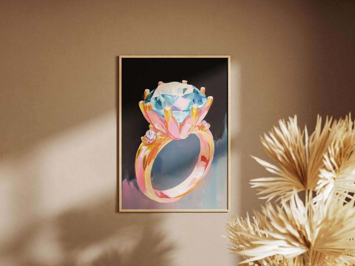 Blue Diamond Solitaire Engagement Ring Gold Band Jewelry Art Poster - Image 2