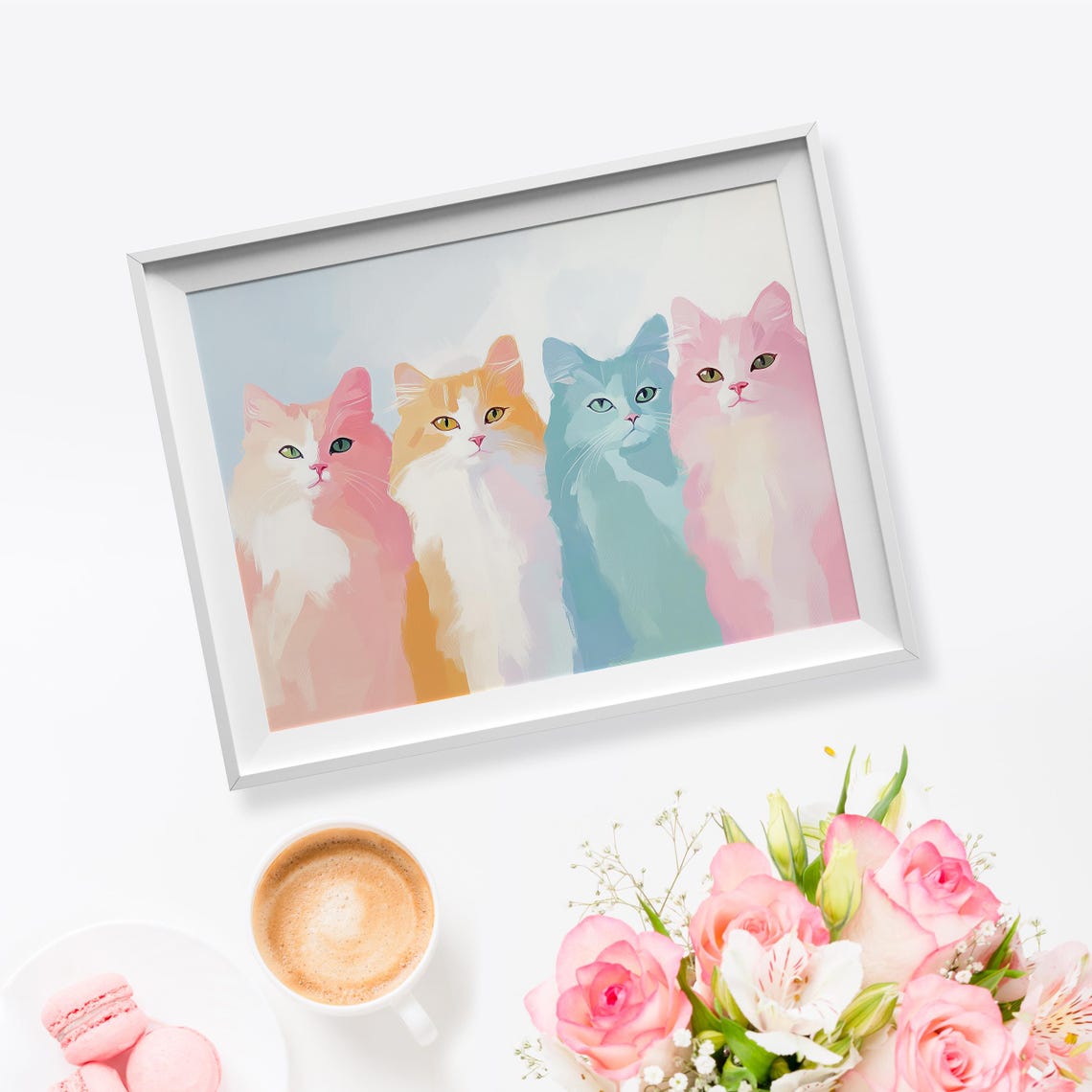 Four Pastel Cats Pink Orange Blue Row Cute Kitty Portrait Poster - Image 5