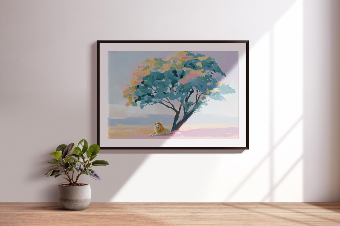 Lion Resting Under Big Pastel Tree Pink Savanna Wildlife Painting Poster - Image 3