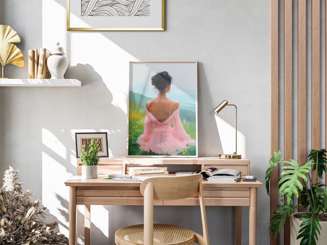 Woman in Pink Dress Sitting in a Green Meadow Hillside View Art Poster - Image 2
