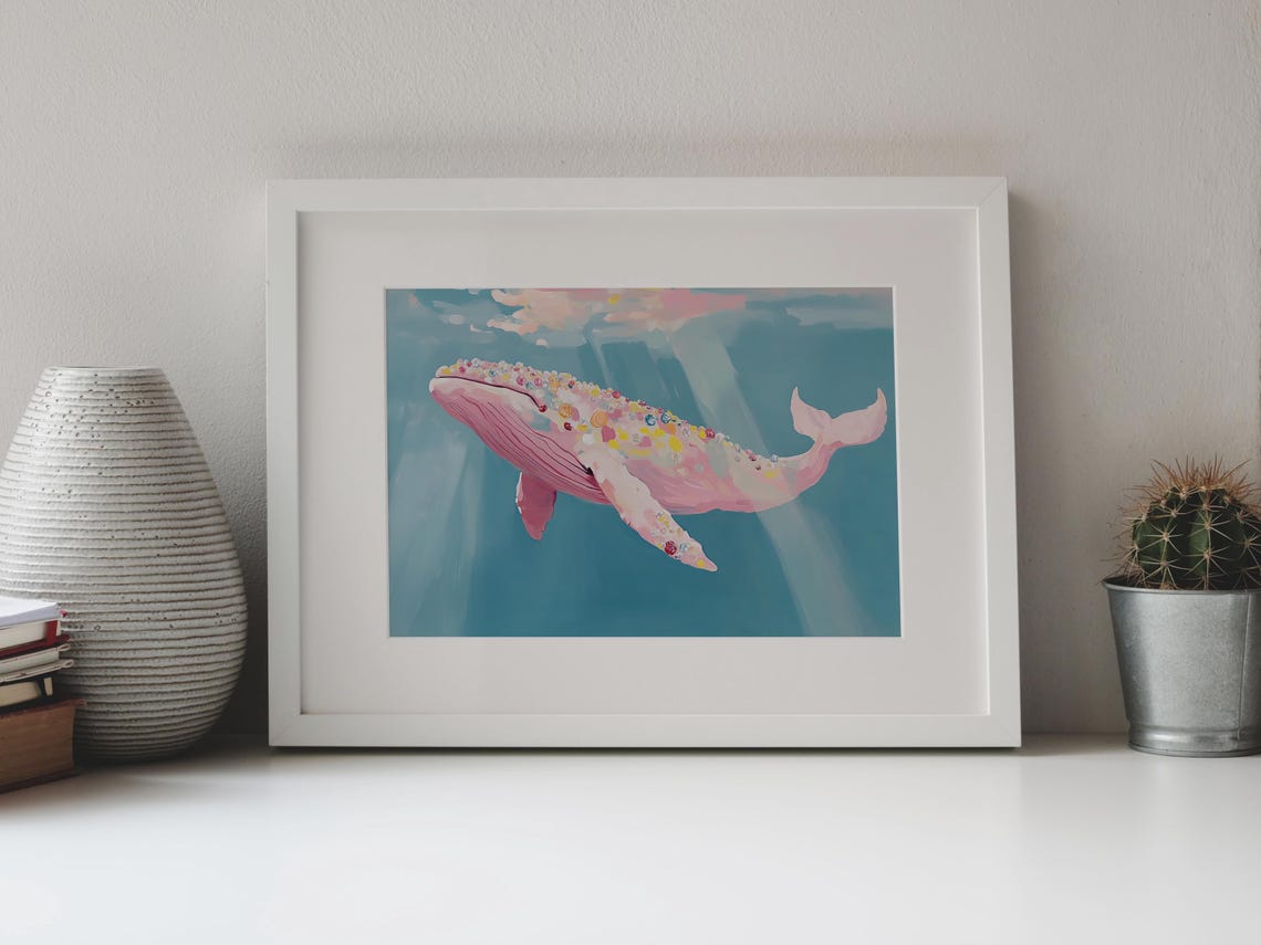 Pink Whale With Gemstone Spots Swimming Teal Ocean Art Poster - Image 4