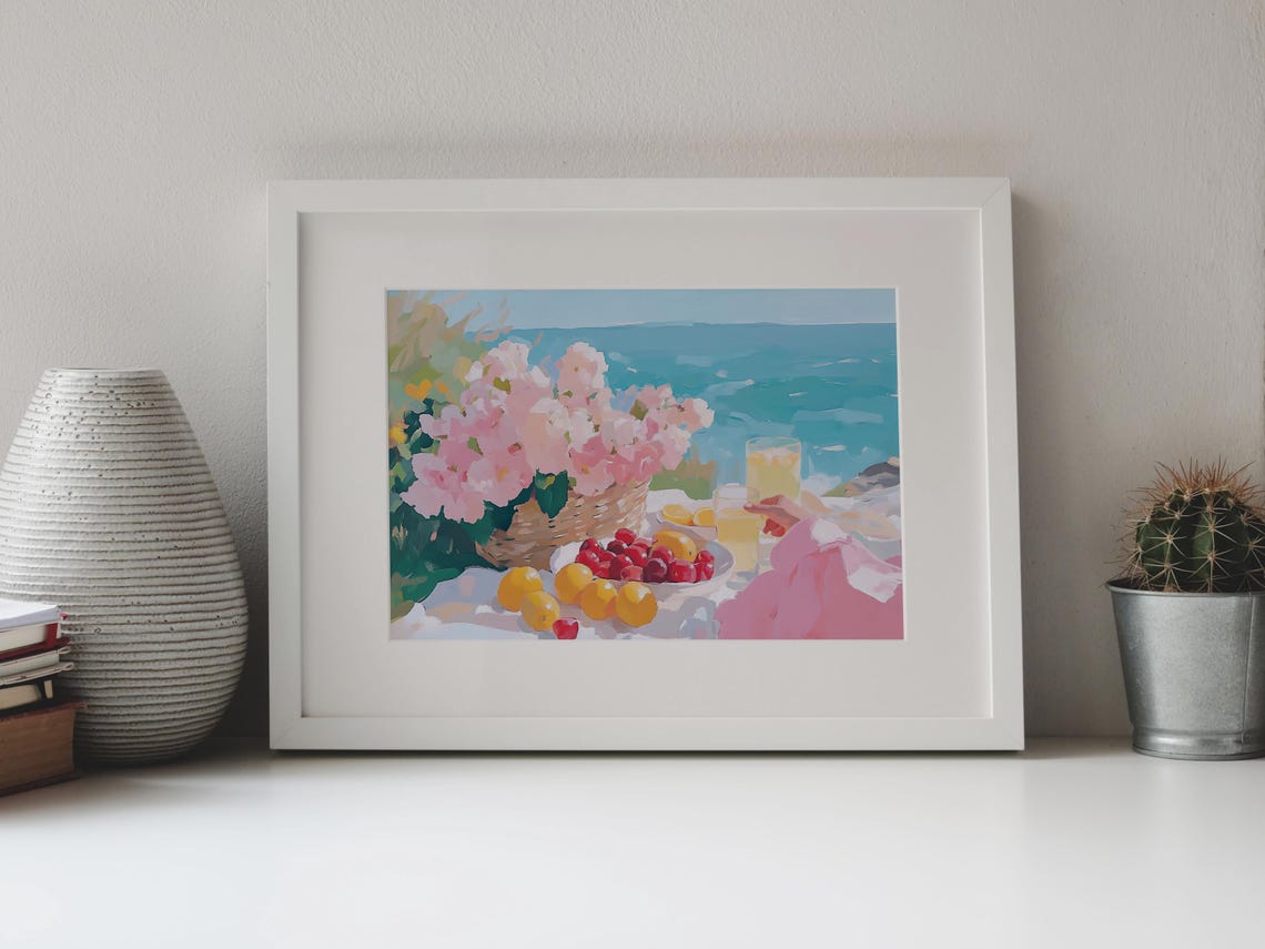 Seaside Picnic Hydrangeas Lemons Turquoise Ocean View Wall Art Print - Image 4