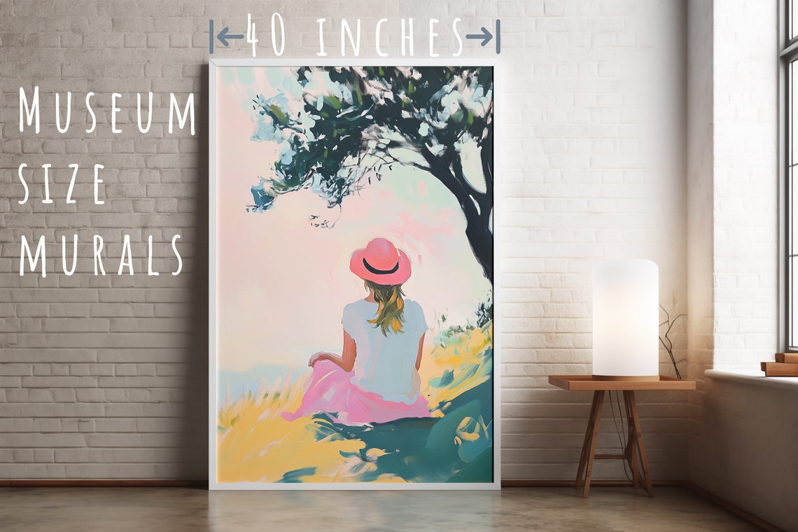 Woman in Pink Hat Resting Under Tree Pastel Solitude Art Poster - Image 5