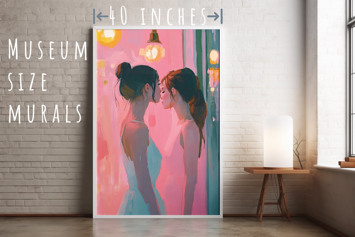 Two Women Kissing Pink Cafe Lights Romantic Pastel Art Print - Image 5