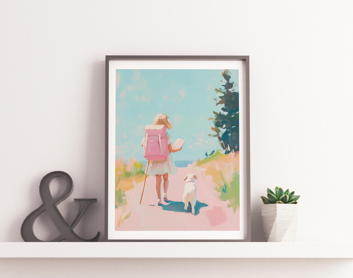 Girl with Pink Backpack and Dog Walking Path to the Sea Art Poster - Image 4