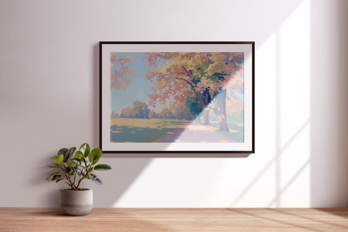 Sunlit Park Path Pink Gold Blooming Trees Cottagecore Art Poster - Image 3
