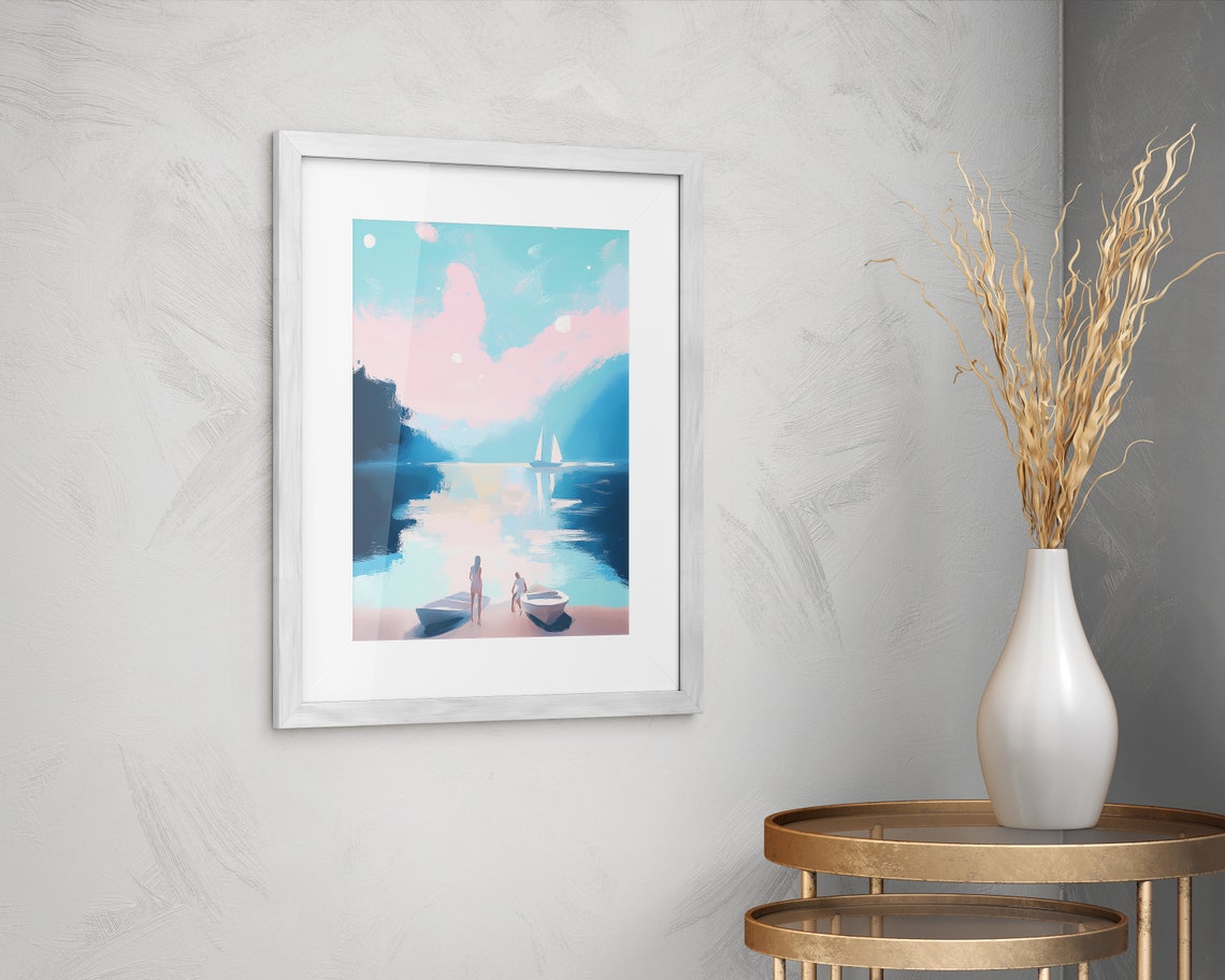 Pastel Beach Sailboat Pink Shore Turquoise Water Wall Art Print - Image 2