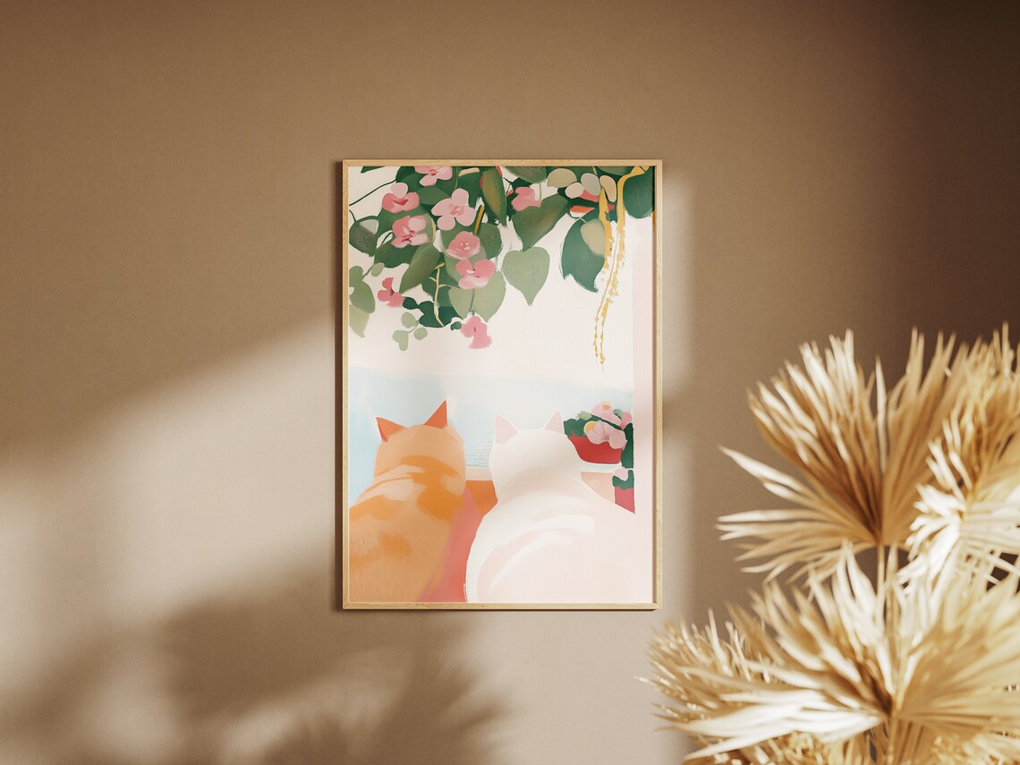 Two Cats Gazing at the Sea Under Flowers Cute Cat Wall Art Print Poster - Image 2