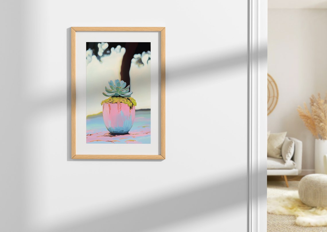 Teal Succulent In Pink Blue Pot Sunlit Pastel Botanical Art Print - Image 4