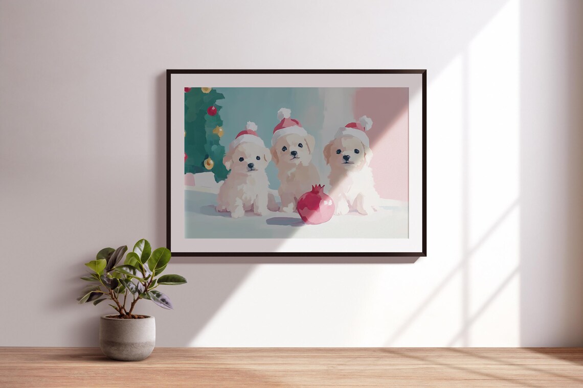 Three White Puppies Pink Santa Hats Christmas Tree Holiday Wall Art - Image 4