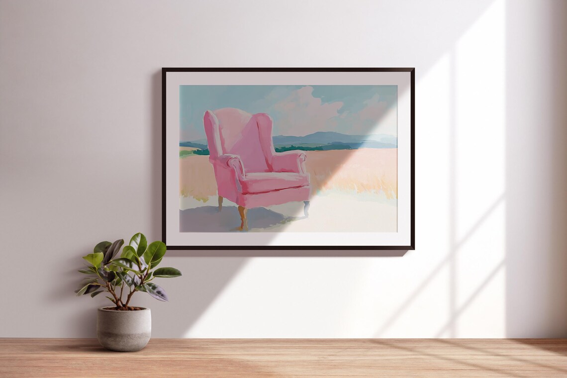 Pink Wingback Armchair in Golden Meadow Pastel Reading Nook Wall Poster - Image 3