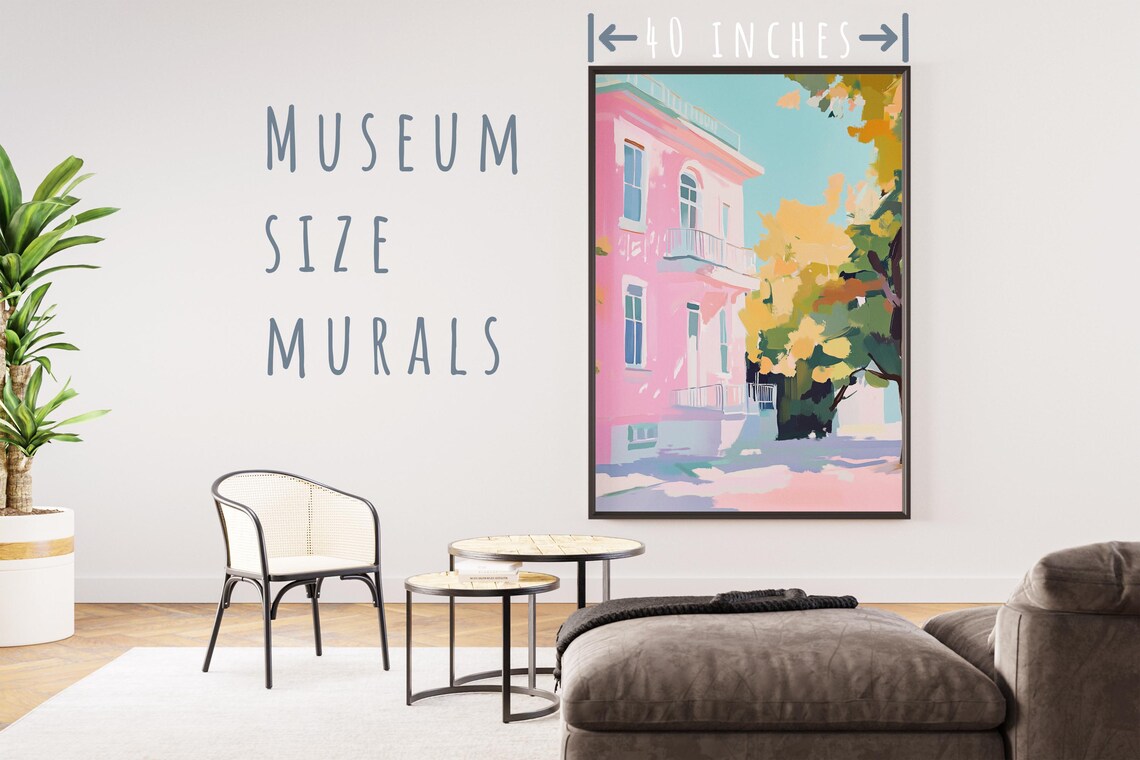 Pink Townhouse With Balconies Autumn Trees Sunny Street Art Poster - Image 5