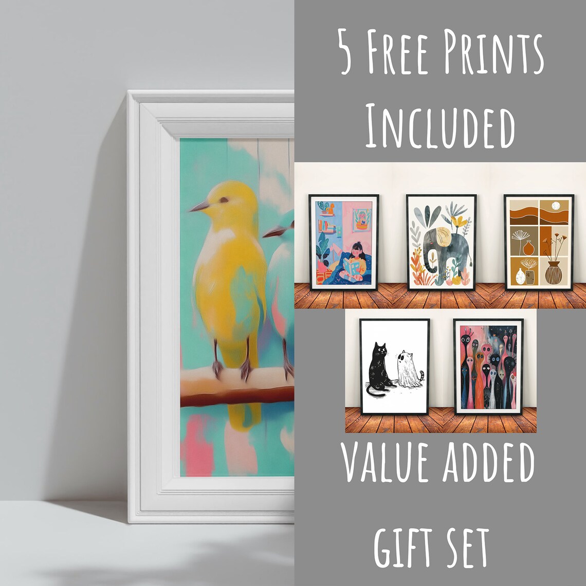 Three Pastel Birds Yellow Teal Pink Perched On Branch Art Poster - Image 3