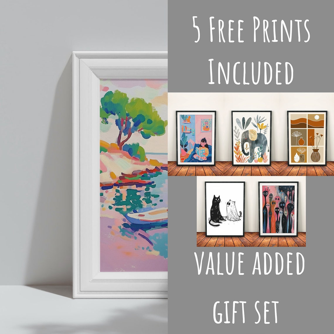 Pastel Lakeside Rowboat Pine Trees Calm Water Wall Art Print - Image 3