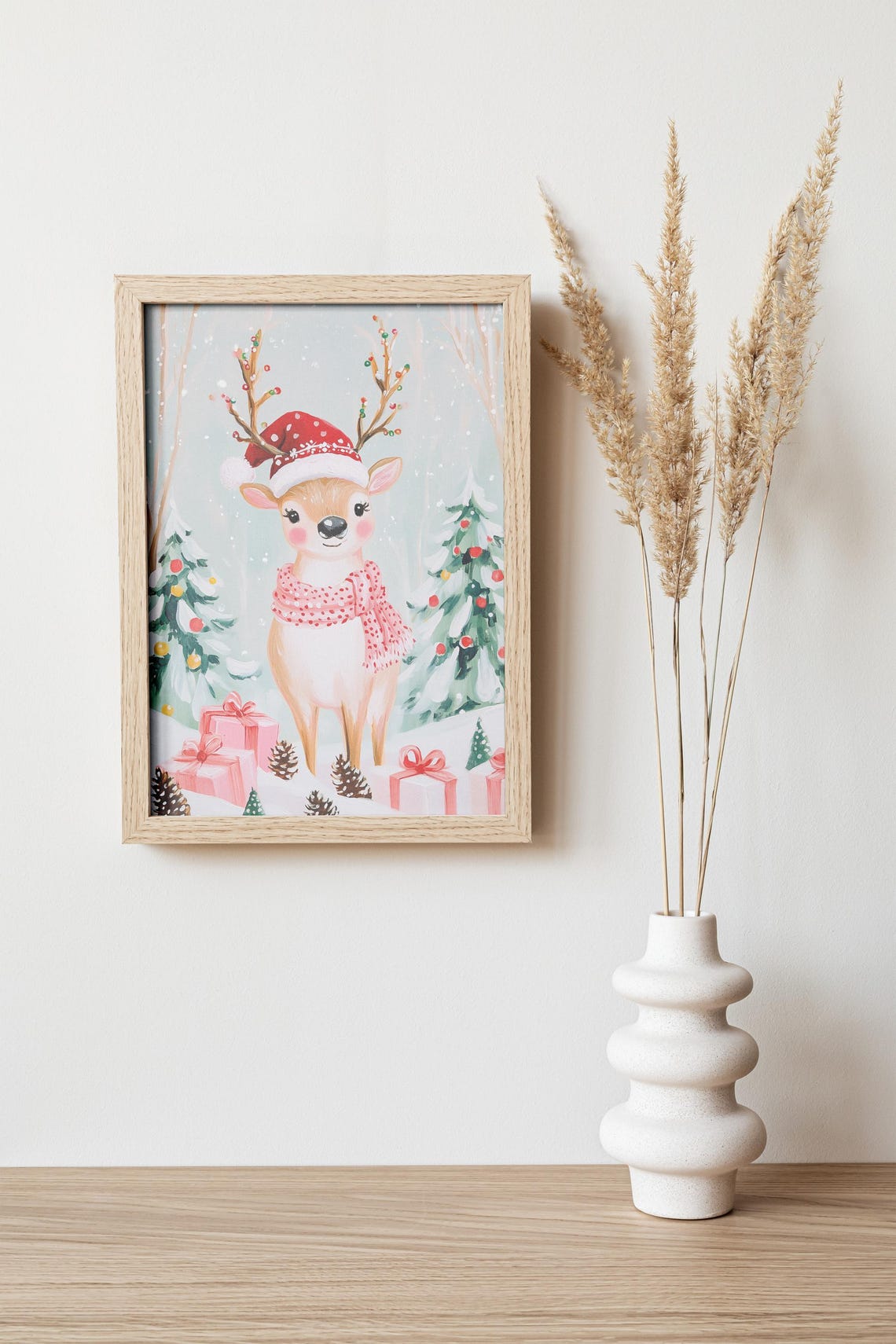 Cute Reindeer In Santa Hat And Scarf With Christmas Trees Poster - Image 2