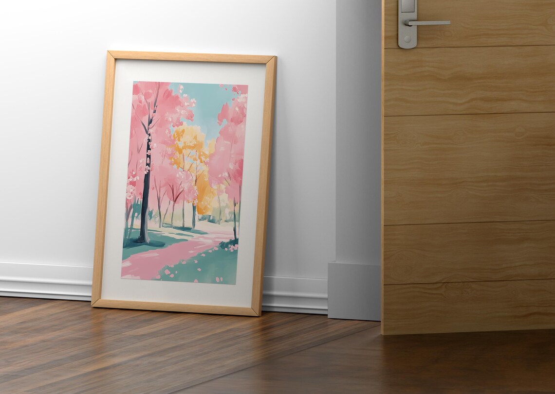 Pink Cherry Blossom Park Path Spring Pastel Nature Landscape Art Poster - Image 2