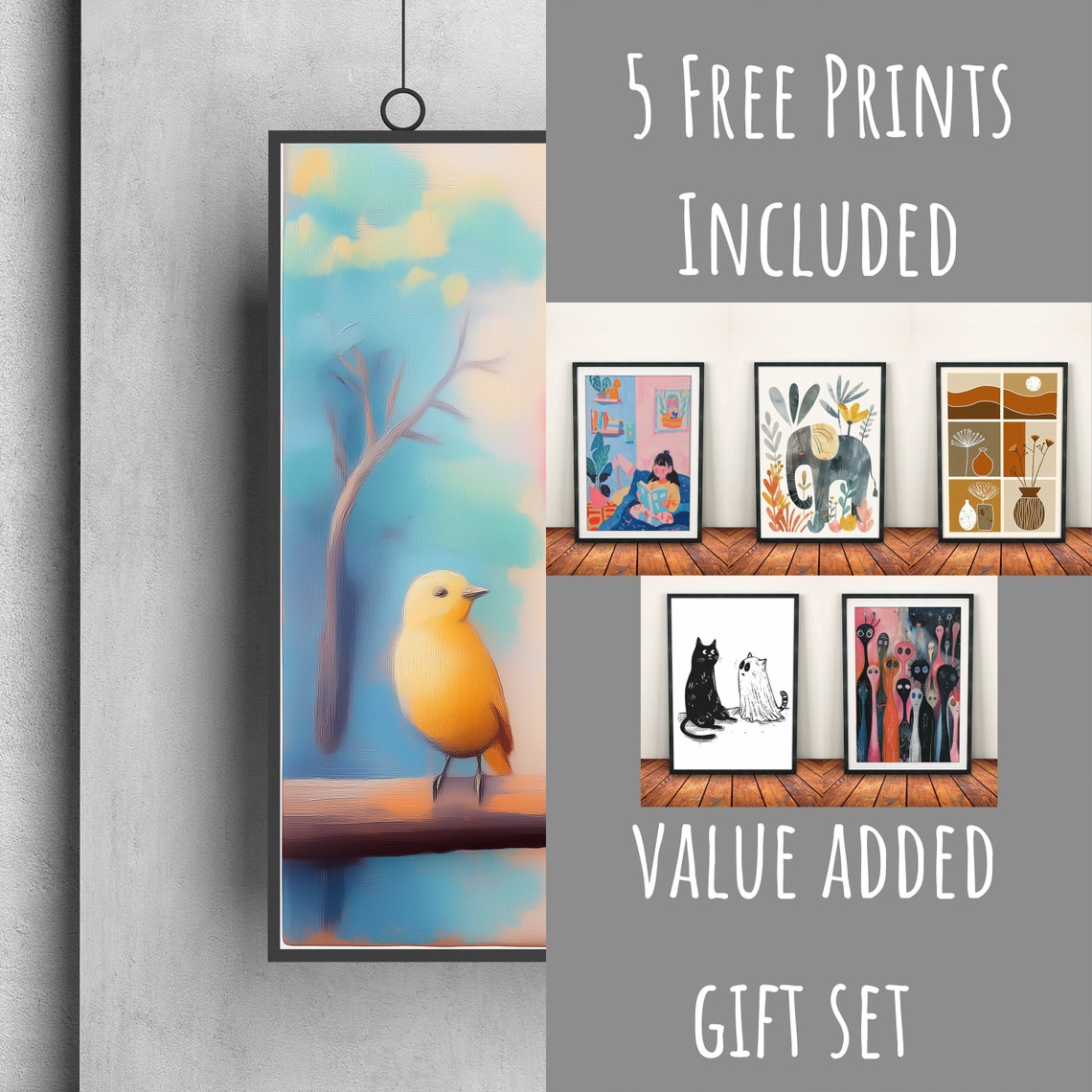 Two Colorful Birds on a Branch Yellow and Blue Pastel Wall Art Poster - Image 3