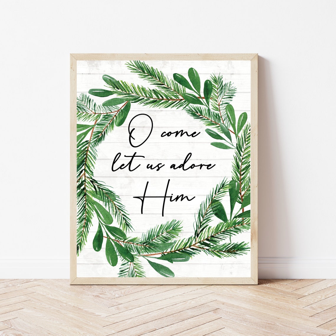 O Come Let Us Adore Him Farmhouse Christmas Greenery Wreath Poster