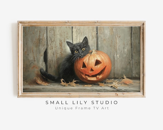 Black Kitten With Jack O Lantern Rustic Vintage Halloween Painting Poster