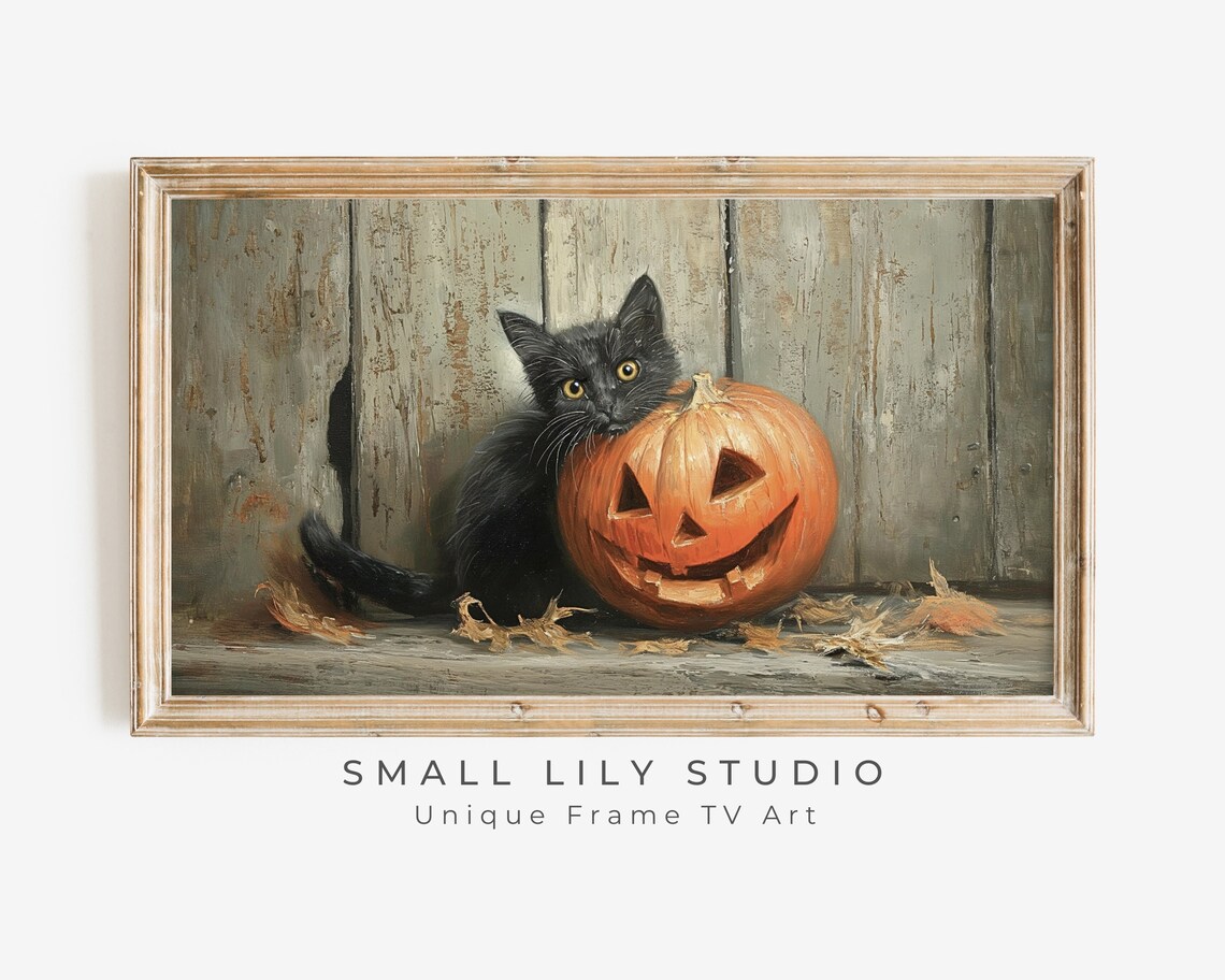 Black Kitten With Jack O Lantern Rustic Vintage Halloween Painting Poster