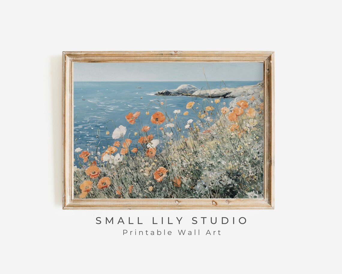 Orange Poppies By The Sea Coastal Cliff Vintage Summer Floral Painting Poster - Image 3