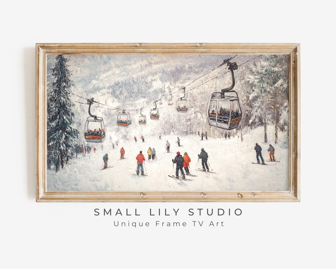 Frame Tv Art Gondolas And Skiers Frame Tv Art Winter Holidays In Snowy Mountains Vintage Style Painting Tv Screeensaver Tv586