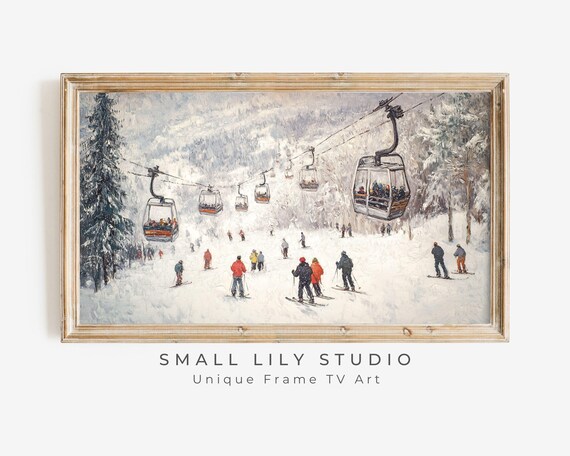 Ski Gondolas Carrying Skiers Over Snowy Slopes Vintage Winter Mountain Poster