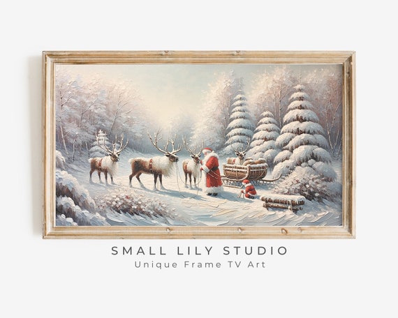 Santa And Reindeer Pink Christmas Art Print
