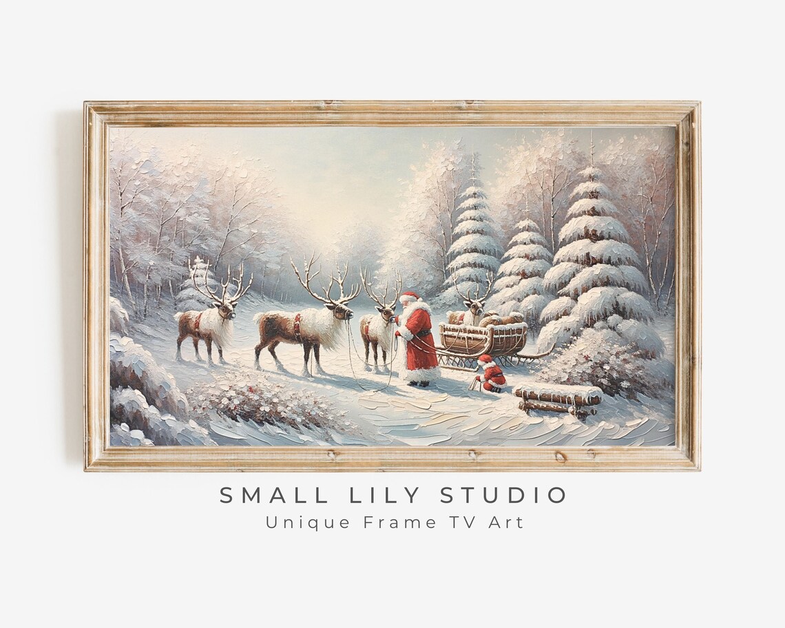 Santa And Reindeer Pink Christmas Art Print