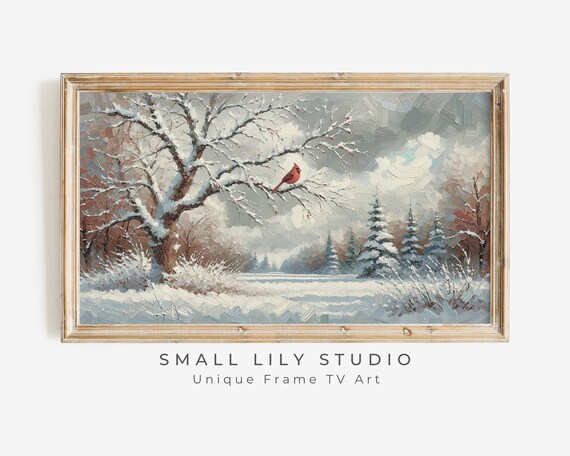 Red Cardinal Snow Branch Winter Landscape Impasto Vintage Bird Art Poster