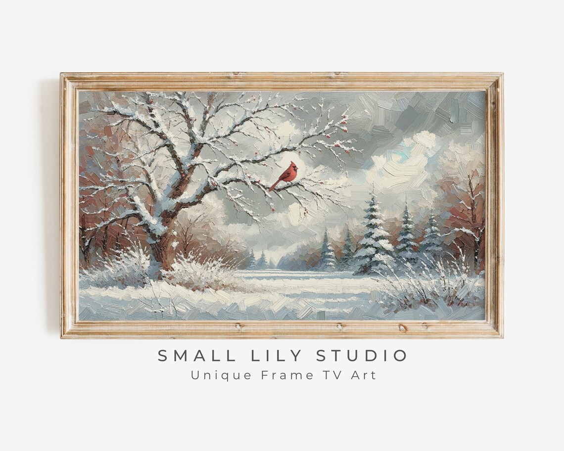 Red Cardinal Snow Branch Winter Landscape Impasto Vintage Bird Art Poster