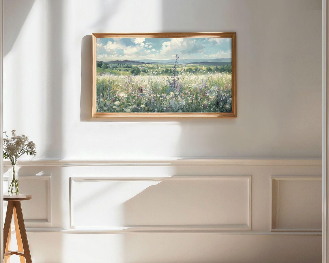 Wildflower Meadow With Hills and Clouds Vintage Spring Landscape Poster - Image 3