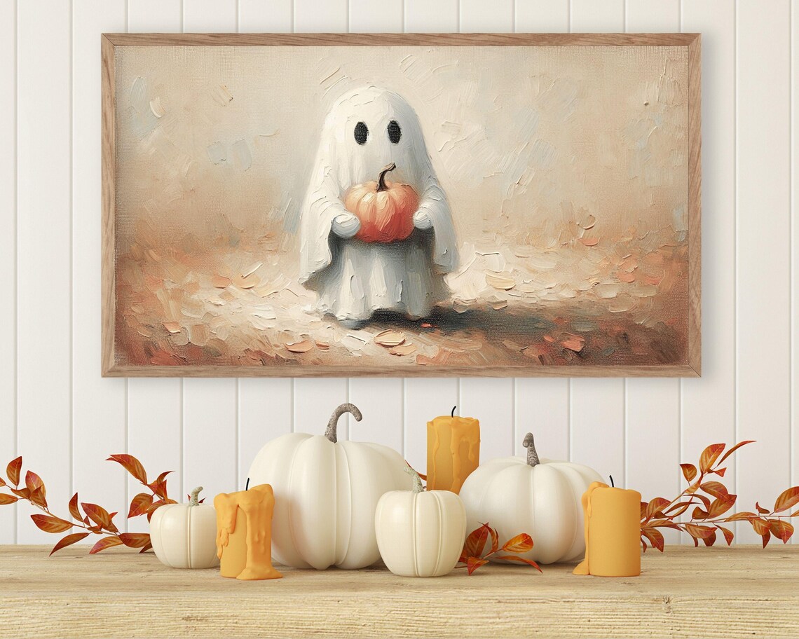 Cute Ghost Holding Pumpkin Neutral Minimalist Halloween Painting Poster - Image 2