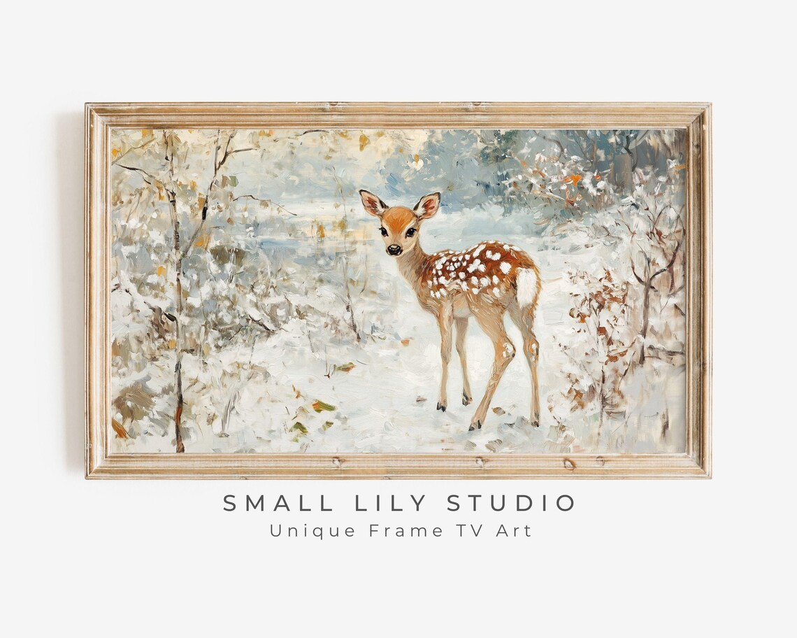 Baby Deer In Snow, Neutral Winter Art Print