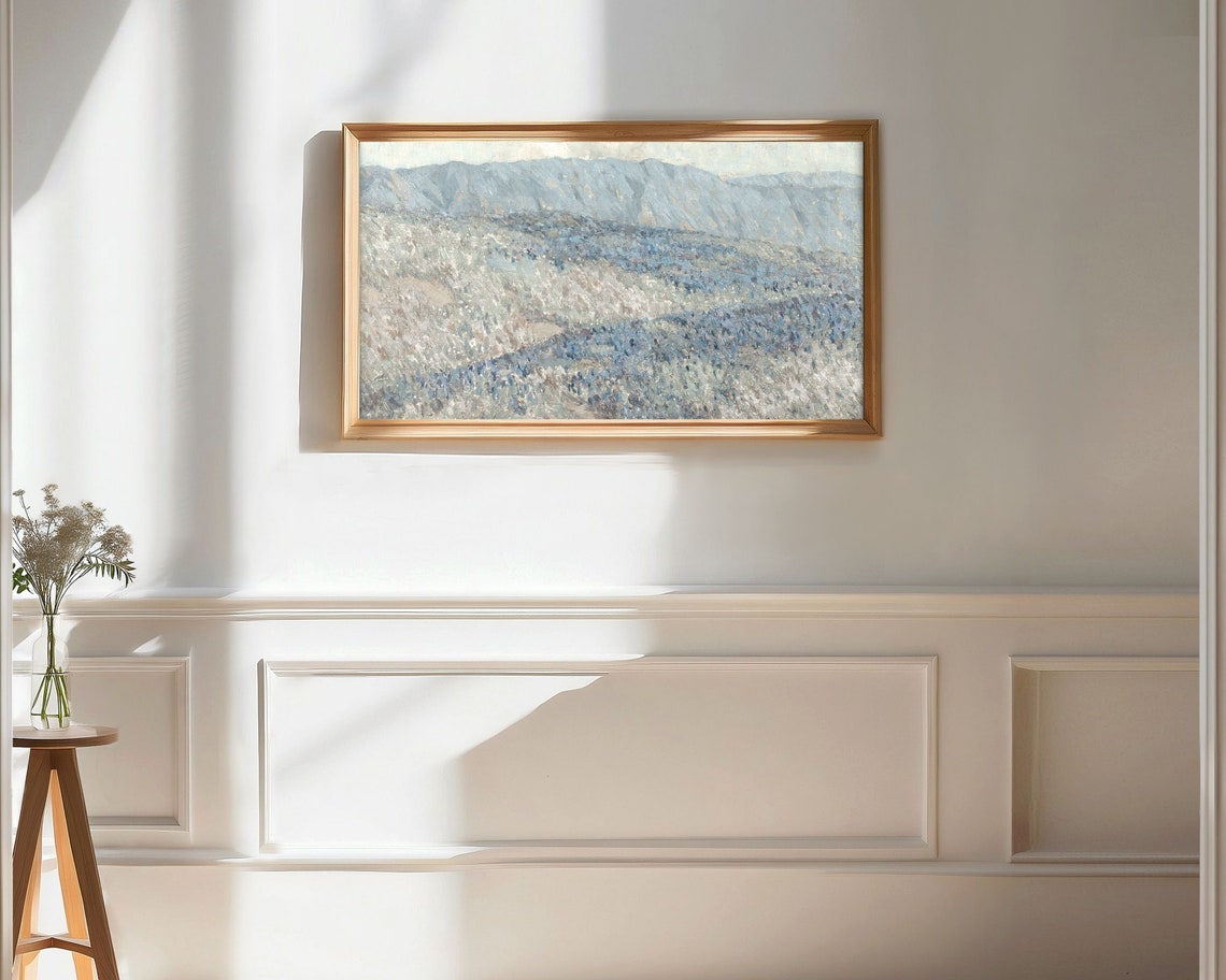 Blue Wildflower Field Rolling Hills Mountain View Impressionist Poster - Image 2
