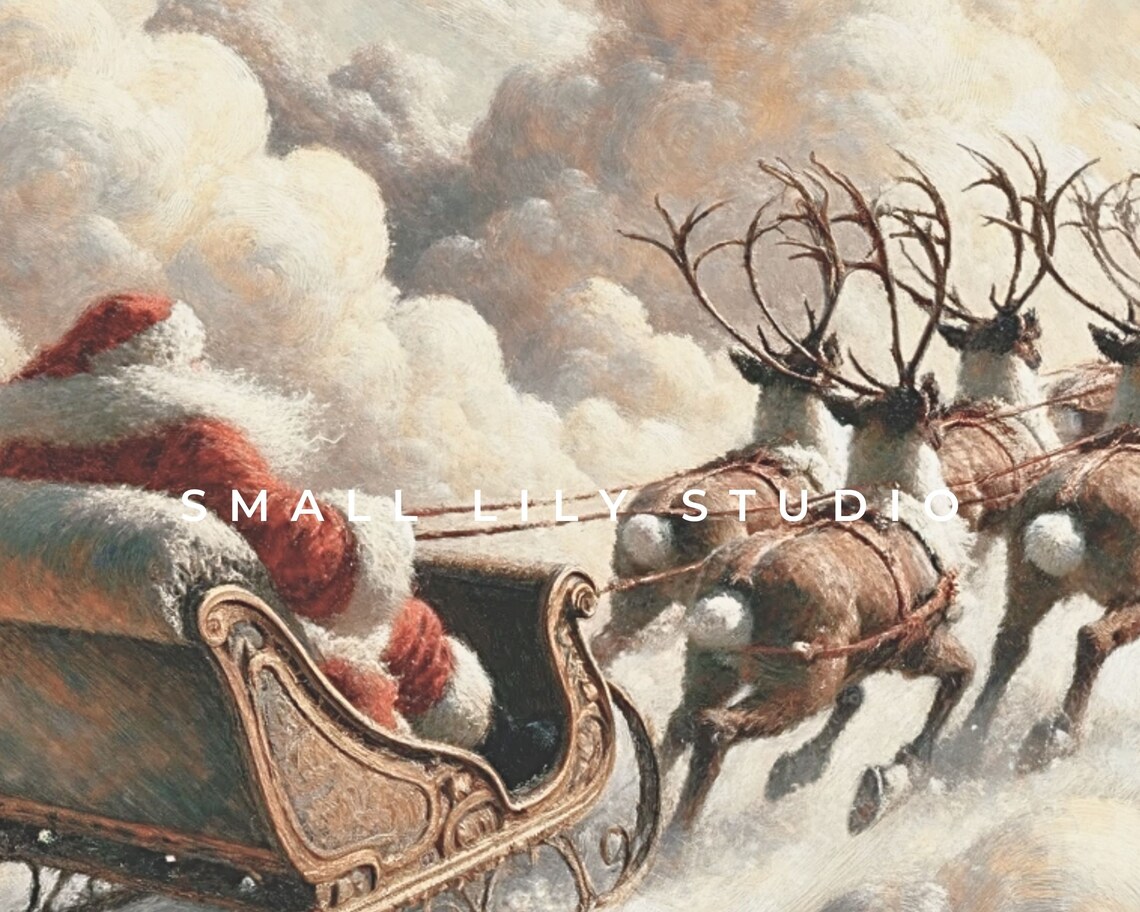 Santa And Reindeer Flying Sleigh Christmas Poster - Image 4