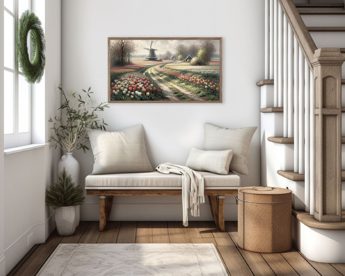 Dutch Windmill Winding Path Through Tulip Fields Spring Landscape Poster - Image 2