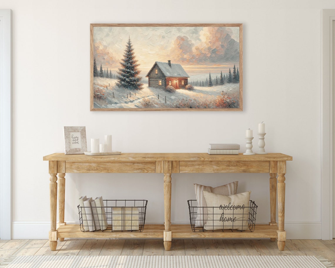 Frame Tv Art Christmas Cabin Winter Frame Tv Christmas Cottage Art Farmhouse Christmas Painting Frame Tv Art Winter Pink Tv156 - Image 3