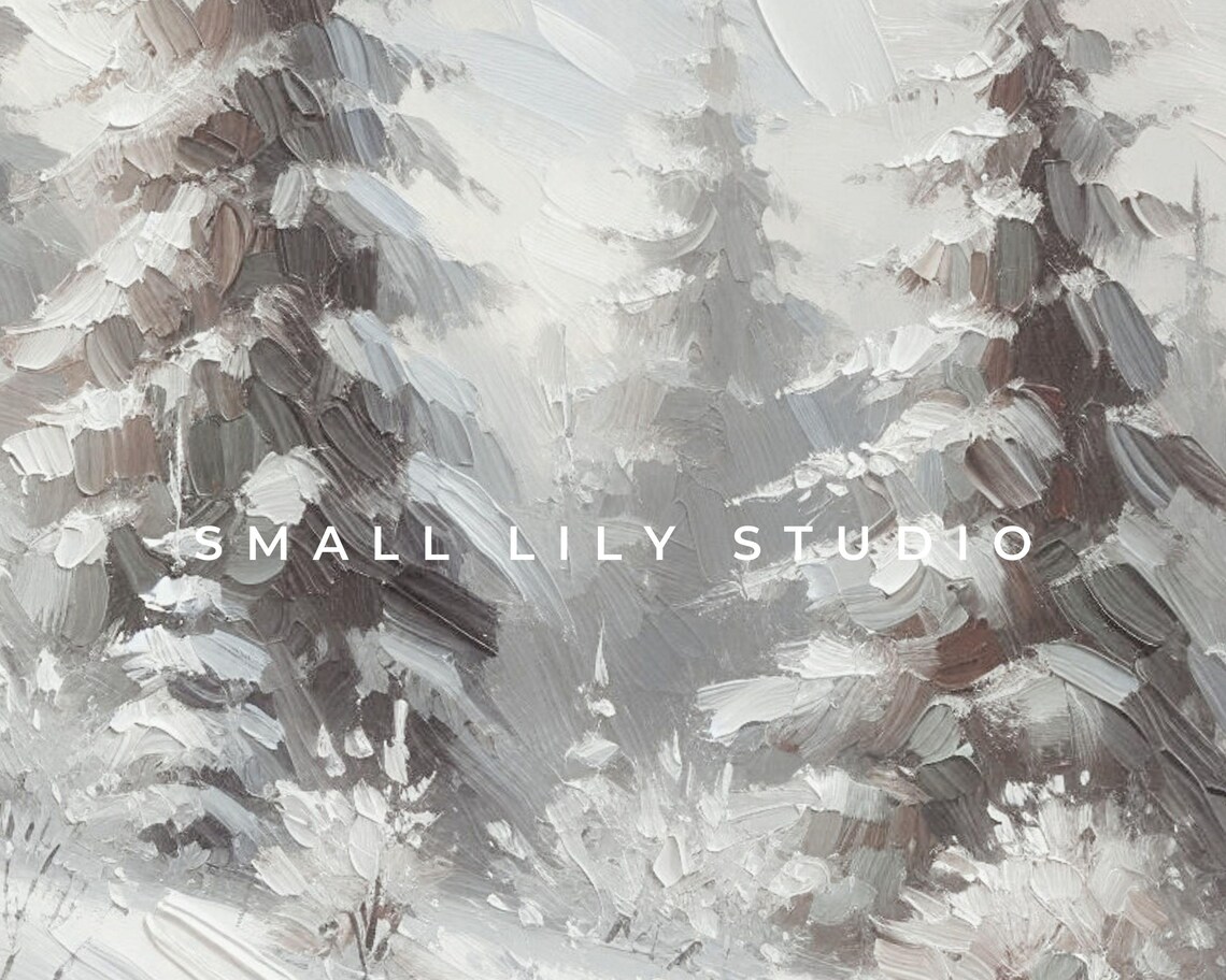 Snow Covered Pine Trees in Winter Forest Impasto Neutral Textured Print - Image 4