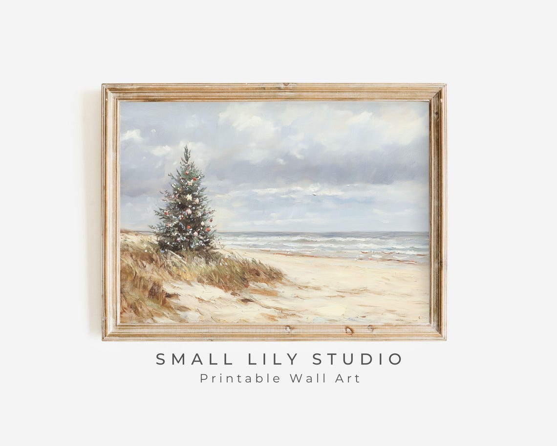 Coastal Christmas Tree on Sandy Beach Dunes Ocean Vintage Poster - Image 3