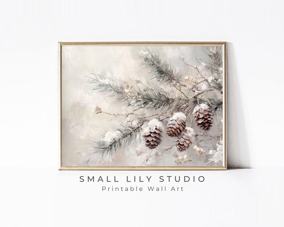 Snowy Pine Branch With Pinecones Soft White Neutral Winter Forest Print