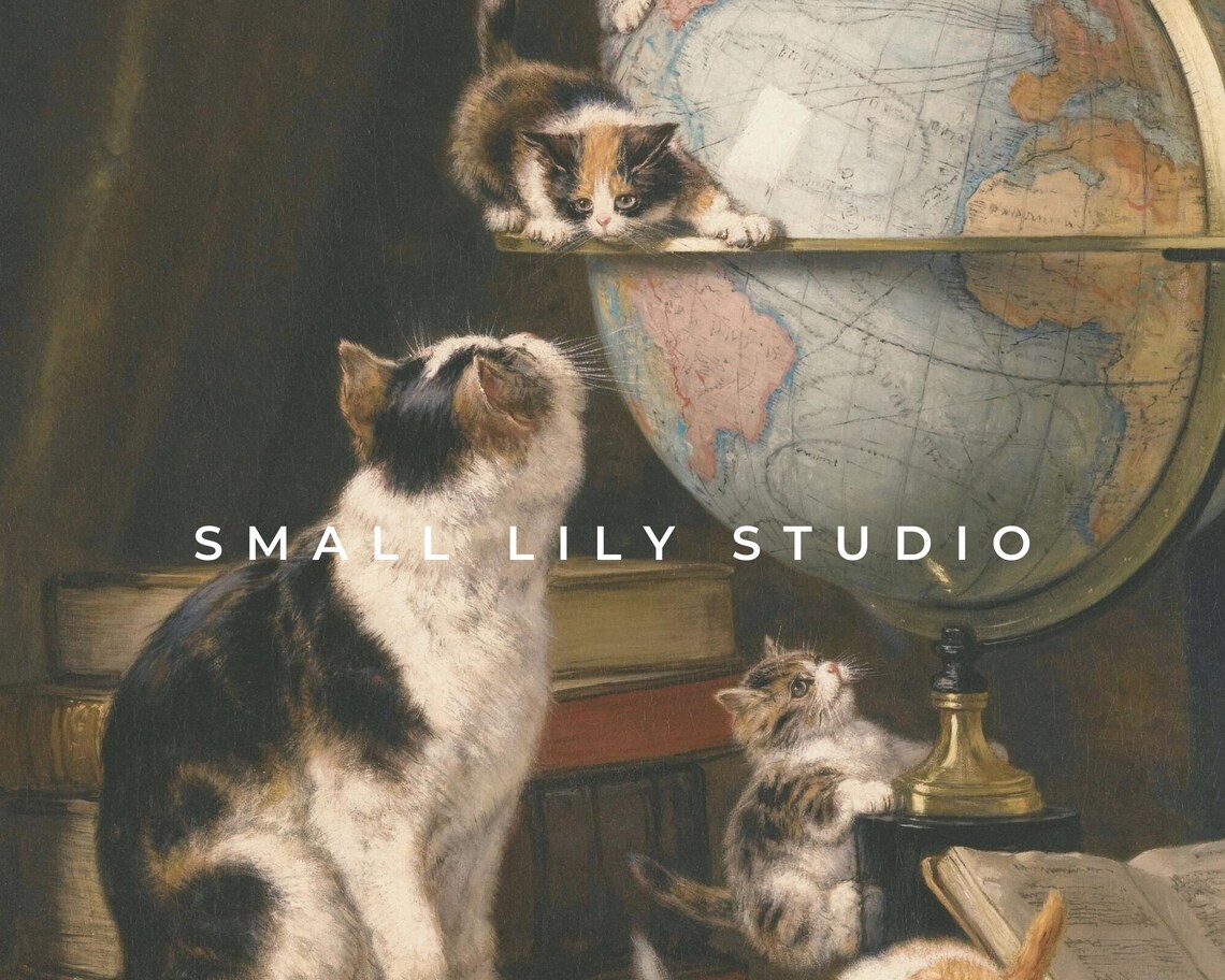 Cats Kittens Globe Vintage Painting Cat Lover Antique Art Poster - Image 4